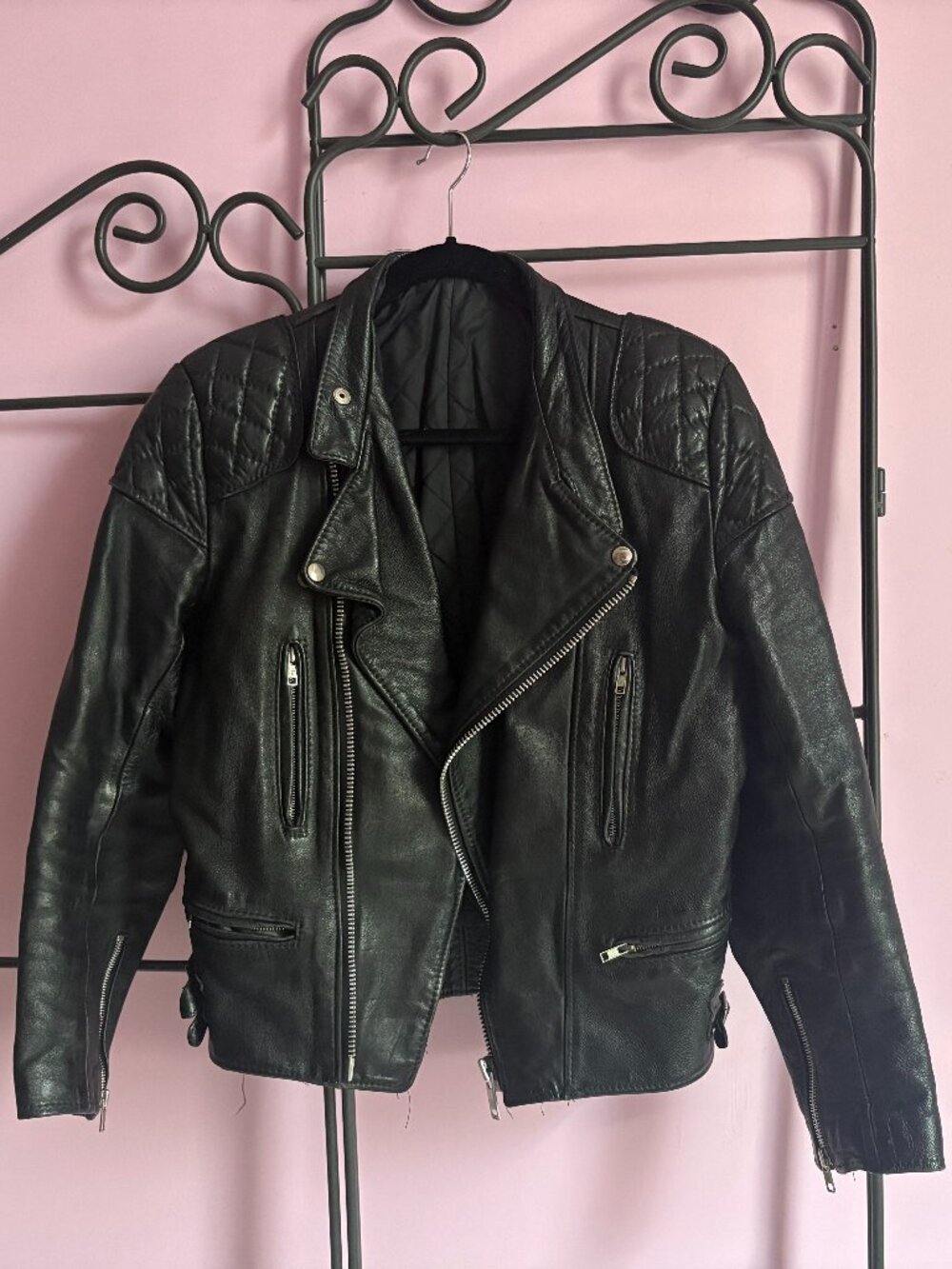 VTG Black Quilted Moto Biker Jacket Asymmetric Zip